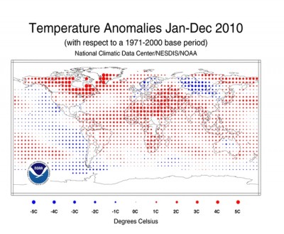 Mapa das anomalias da temperatura da superfície em graus Celsius – Fonte: www.ncdc.noaa.gov
