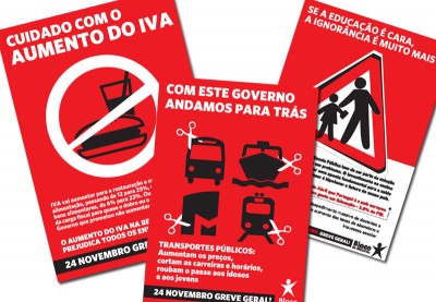Três novos folhetos do Bloco de Esquerda para apelar à greve geral de dia 24.
