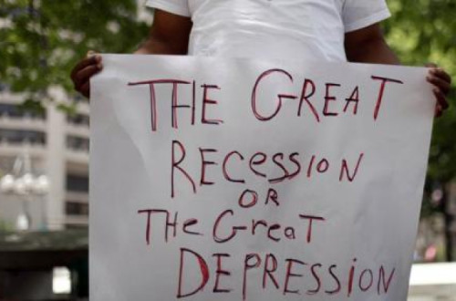 Recessão mundial já destruiu 30 milhões de empregos. "Grande recessão ou grande depressão?", lê-se na foto.
