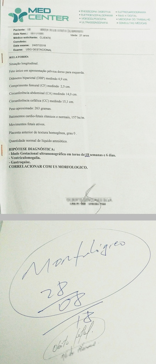 Laudo do ultrassom que constatou a morte do bebé. ‘A principal consequência é a atrofia de alguns órgãos’, diz o médico