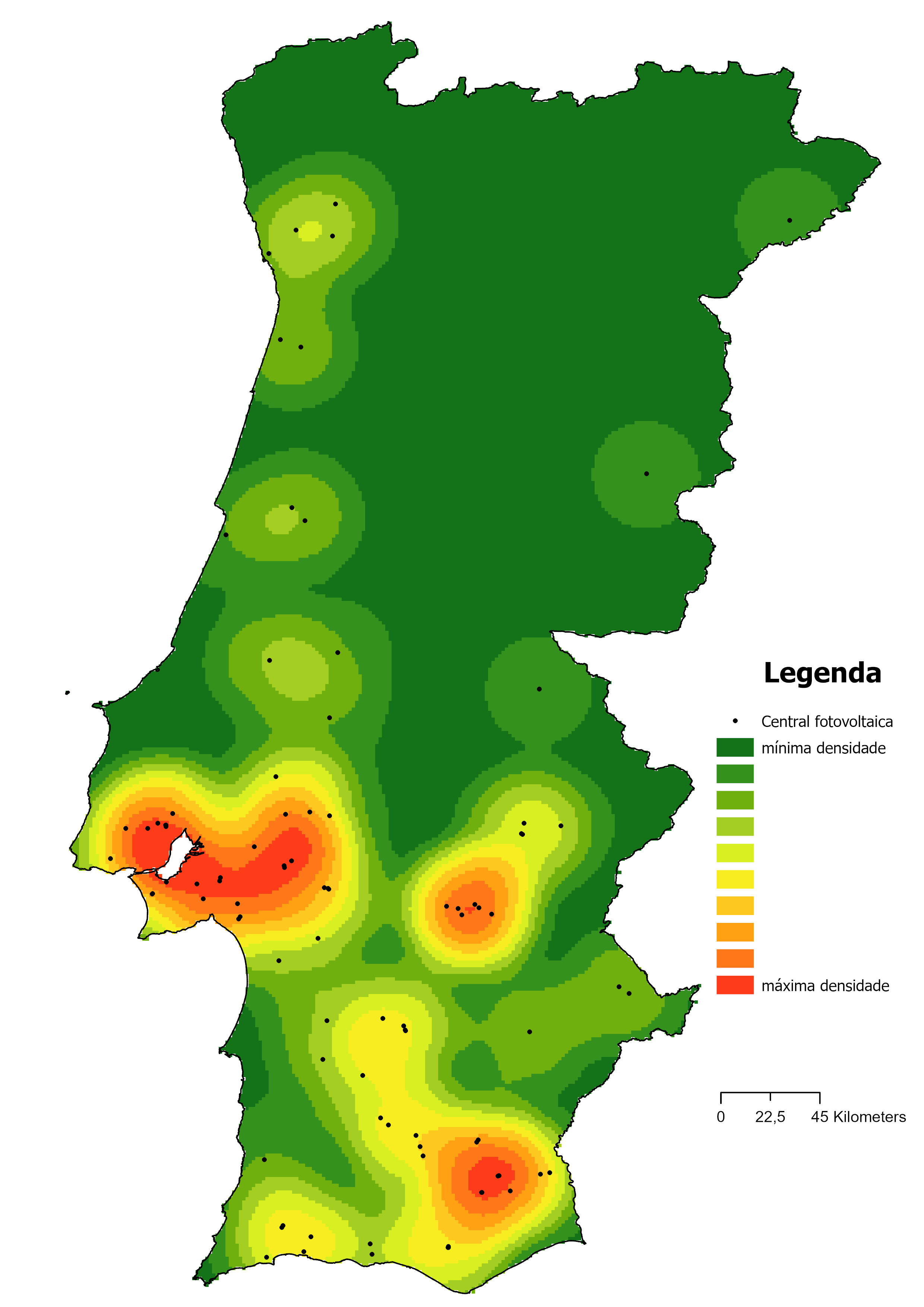Figura 3 - Densidade das centrais solares em funcionamento em Portugal até 2022 (potência superior a 1 MW). (Dados: https://e2p.inegi.up.pt/)