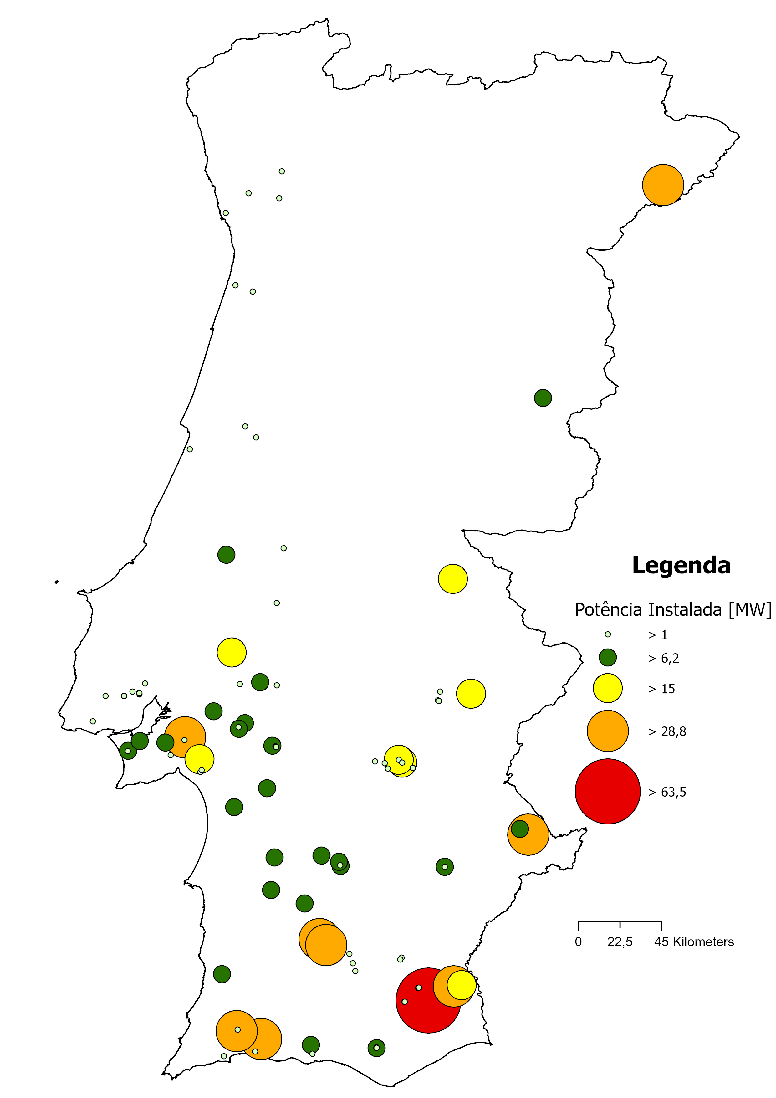 Figura 4 – Potência instalada das centrais solares em funcionamento em Portugal até 2022 (potência superior a 1 MW). (Dados: https://e2p.inegi.up.pt/)