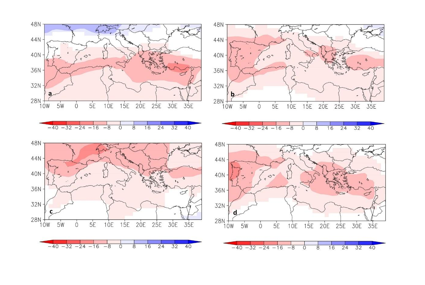 Figura 1 - Taxa de variação da precipitação total considerando a variação da temperatura média global (mm/K): a (inverno), b (primavera), c (verão), d (outono). As variações não são significativas nas áreas brancas. Fonte: (Lionello e Scarascia, 2018)