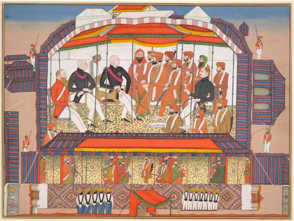 Assinatura do Tratado de Bhairowal entre o Império Sikh e a Companhia Britânica das Índias Orientais – artista desconhecido (c.1846-7).
