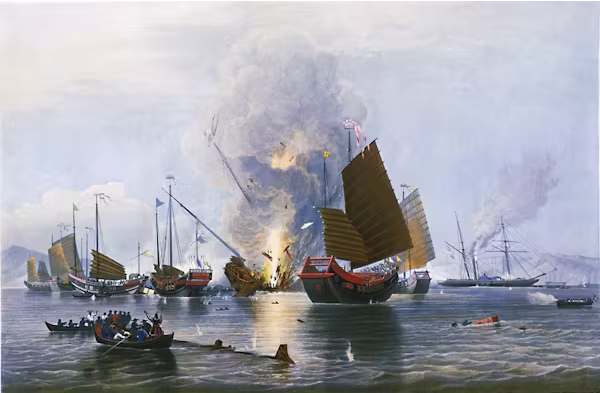 Navios da Companhia das Índias Orientais a destruir juncos de guerra chineses durante a primeira Guerra do Ópio – Edward Duncan (1843)