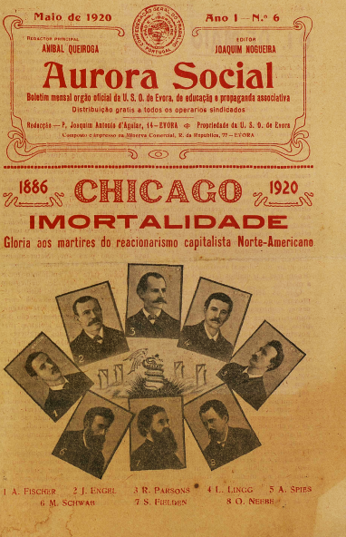 Imagem dos «Mártires de Chicago», no jornal Aurora Social, da União dos Sindicatos Operários de Évora, em 1920.