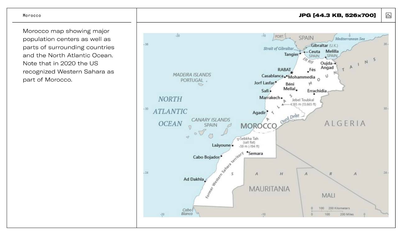 Mapa na publicação da CIA com a legenda a sublinhar o reconhecimento de 2020 por parte dos EUA do Sahara Ocidental como parte de Marrocos