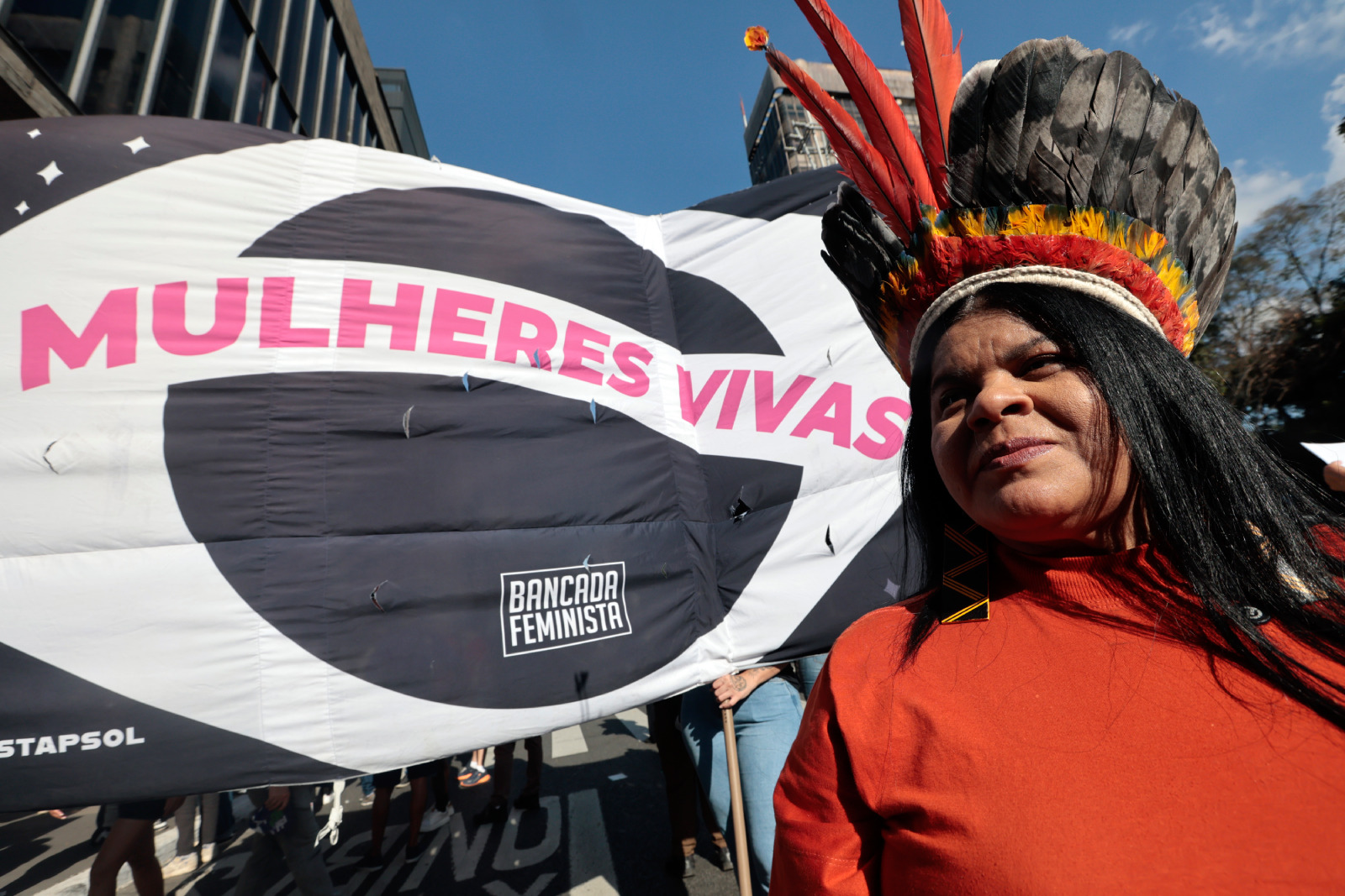 Ministra dos Povos Indígenas, Sonia Guajajara, participa do ato Brasil sem Misoginia, no MASP na avenida Paulista. Foto: Paulo Pinto/Agencia Brasil