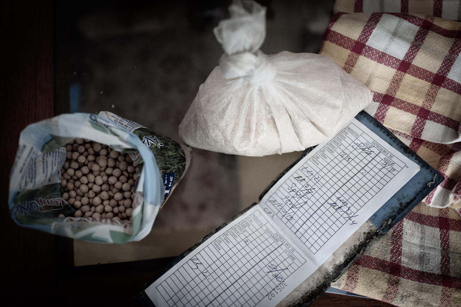 Fotografia do cartão de racionamento com as rações de feijão e arroz que a Alina recebeu no último trimestre.
