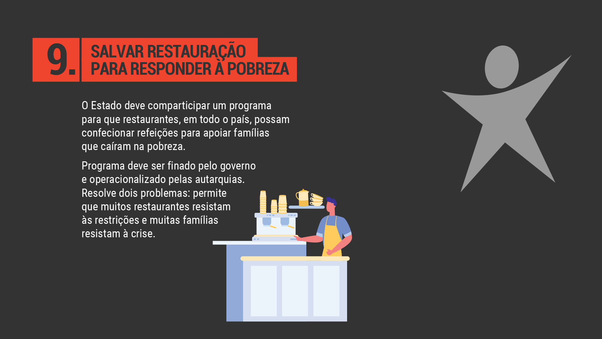 O Estado deve comparticipar um programa para que restaurantes, em todo o país, possam confecionar refeições para apoiar famílias que caíram na pobreza. Programa deve ser finado pelo governo e operacionalizado pelas autarquias. Resolve dois problemas: permite que muitos restaurantes resistam às restrições e muitas famílias resistam à crise.