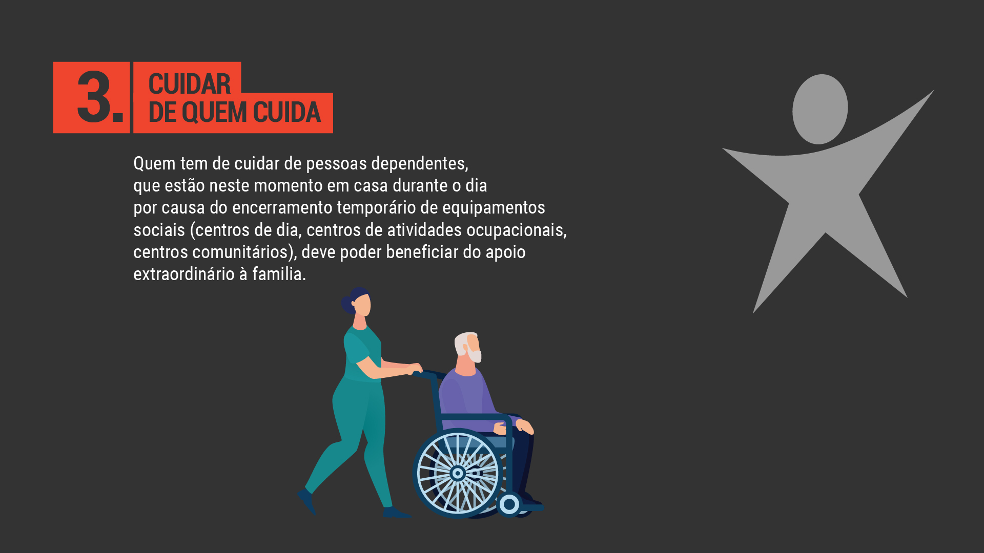 Quem tem de cuidar de pessoas dependentes, que estão neste momento em casa durante o dia por causa do encerramento temporário de equipamentos sociais (centros de dia, centros de atividades ocupacionais, centros comunitários), deve poder beneficiar do apoio extraordinário à familia.