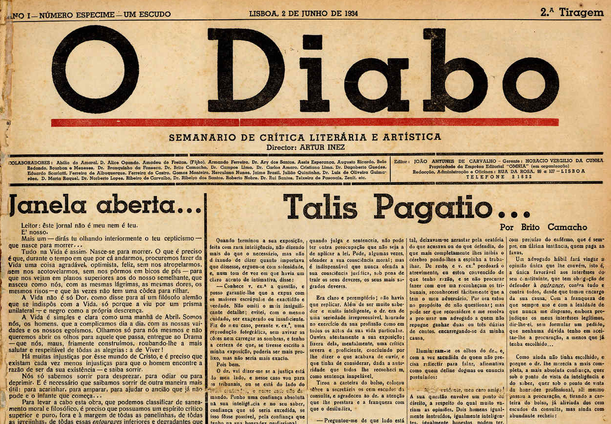 O jornal O Diabo, em cujo lançamento Cristiano Lima colaborou [O Diabo, 2/6/1934, p.1]