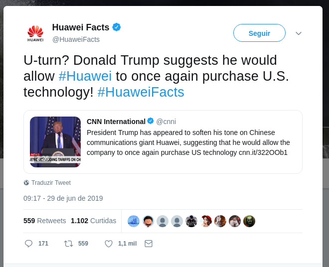 Twit da Huawei: viragem de 180 graus (U-turn)