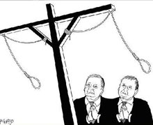 Os gémeos Kaczynski são a favor da pena de morte. Cartoon de Rainer Hachfeld