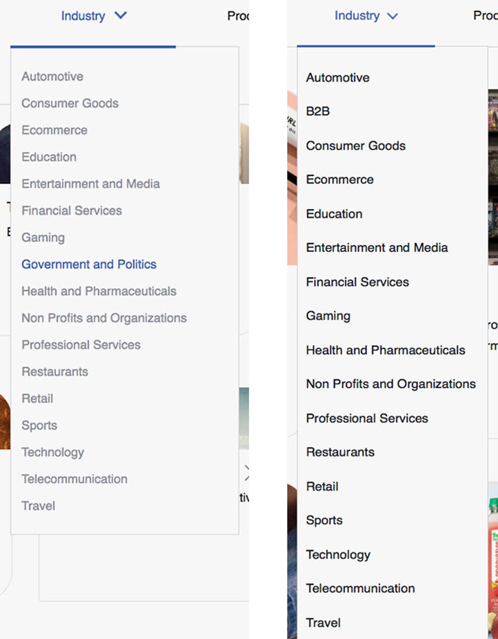 Capturas de tela do Facebook de junho de 2017, à esquerda, e de março de 2018, à direita, mostram que a rede social removeu sua seção “Governo e Política”.