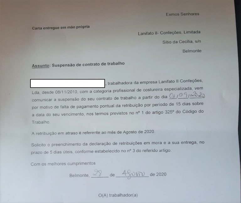 Carta de pedido de suspensão do contrato de trabalho imposta às trabalhadoras da Lanifato pela administração. Carta de pedido de suspensão do contrato de trabalho imposta às trabalhadoras da Lanifato pela administração.