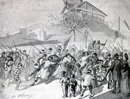 Ilustração sobre a resistência à apropriação dos canhões de Montmartre por Thiers, o momento que despoletou a revolta que originou a Comuna. Foto de Wikimedia Commons.