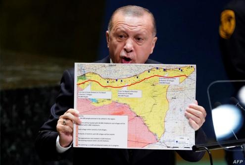 Presidente da Turquia, Recep Tayyip Erdogan, durante a Assembleia Geral das Nações Unidas, em 24 de Setembro de 2019. Fotografia publicada Hawar news Agency em 15 de Maio de 2022 e atribuídos créditos a REUTERS/Carlo Allegri