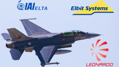 F-16 da Força Aérea e logos de empresas de armas presentes no genocídio