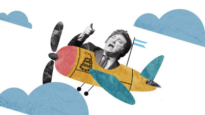 Desenho de Milei numa avioneta