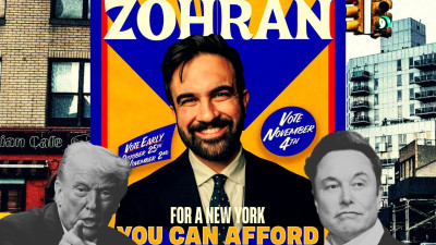 Trump e Musk junto a cartaz de Zohran Mamdani