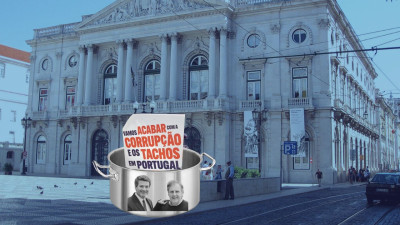 Câmara de Lisboa e tacho com cartaz do Chega