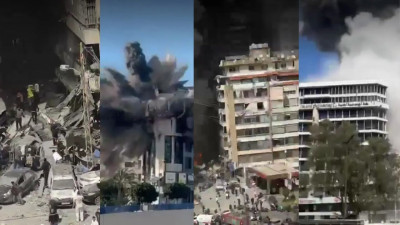 Várias capturas de ecrã de vídeos com imagens dos ataques israelitas a Beirute.
