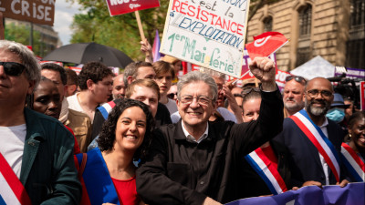 Jean-Luc Mélenchon com dirigentes da França Insubmissa na manifestação do 1º de Maio. 