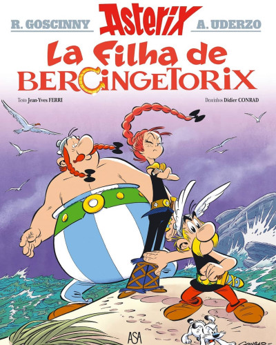 Capa da tradução mirandesa do livro do mais recente livro da coleção Astérix.