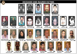 Fotos das pessoas assassinadas e feridas pelos mercenários da Blackwater na praça Nisour em 2007.