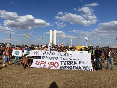 Indígenas brasileiros em protesto em Brasília. Foto de APIB/Twitter.
