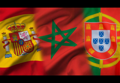 Bandeiras espanhola, marroquina e portuguesa