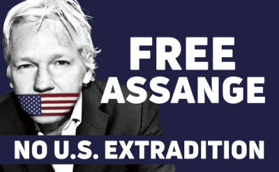 Cartaz “Liberdade para Assange Não à extradição para os EUA” - imagem WikiLeaks
