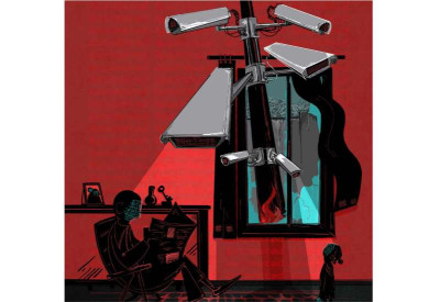 Ilustração com pessoa alvo de vigilância dentro de casa