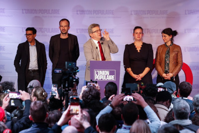 Jean-Luc Mélenchon, intervenção sobre os resultados da primeira volta das presidenciais, 10 de abril de 2022 – Foto de Mohammed Badra / Epa / Lusa