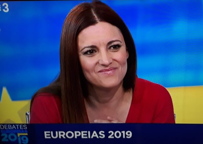 Marisa Matias durante o debate na RTP3 com Pedro Marques, candidato do Partido Socialista (PS) às eleições europeias.