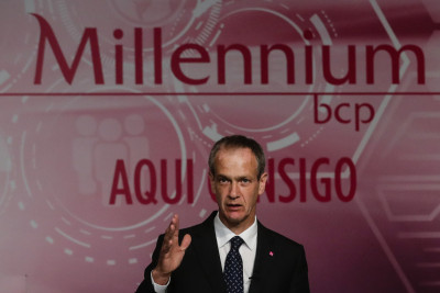 Miguel Maya, CEO do Millennium BCP, na divulgação dos resultados do primeiro trimestre de 2021, 17 de maio de 2021 – Foto de Tiago Petinga/Lusa