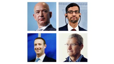 Jeff Bezos, Sundar Pichai, Mark Zuckerberg e Tim Cook, os imperadores da economia digital. Montagem esquerda.net.