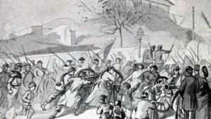 Ilustração sobre a resistência à apropriação dos canhões de Montmartre por Thiers, o momento que despoletou a revolta que originou a Comuna. Foto de Wikimedia Commons.
