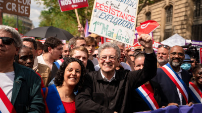 Jean-Luc Mélenchon com dirigentes da França Insubmissa na manifestação do 1º de Maio. 