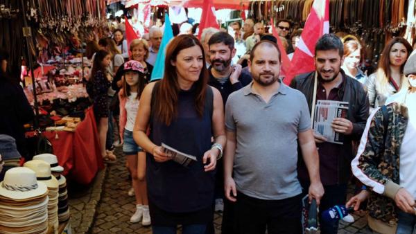 Marisa Matias, José Gusmão e Sérgio Aires na feira de Amarante.