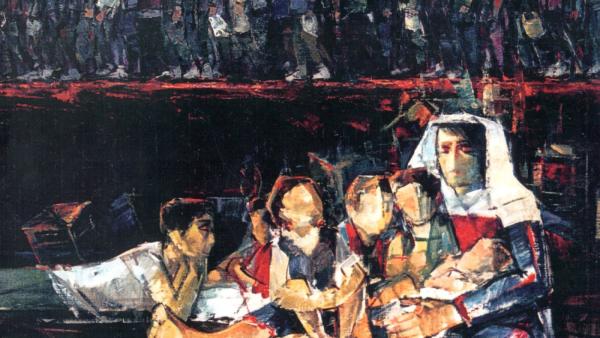 Ilustração de Ismail Shammout sobre a humihação dos trabalhadores palestinianos nas passagens