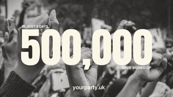 Imagem publicada por Corbyn e Sultana que anuncia a chegada aos 500.000 inscritos do YourParty.