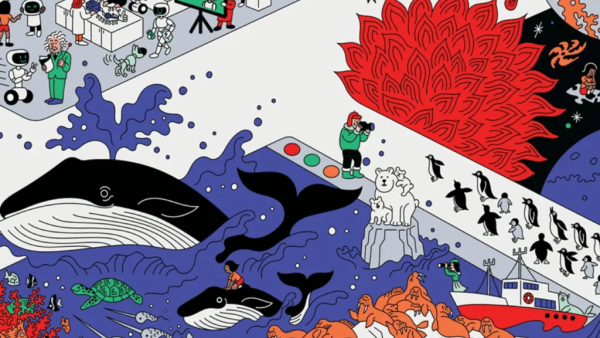 Detalhe do mural “Set Knowledge Free” [Liberte o Conhecimento] de Tomi Um, localizado na entrada da sede da Fundação Wikipedia em São Francisco. (Via Wikimedia Commons)