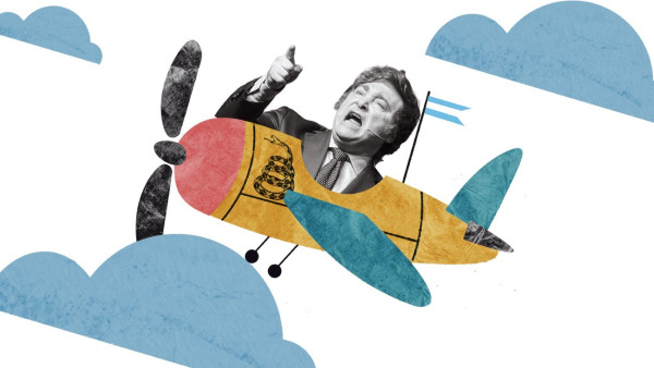 Desenho de Milei numa avioneta