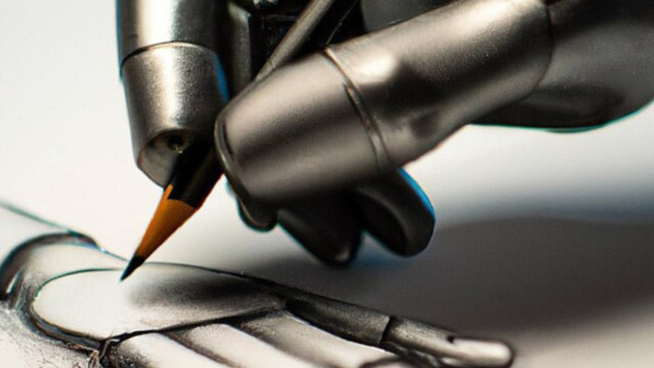 Mão robótica a desenhar com lápis sobre outra mão robótica