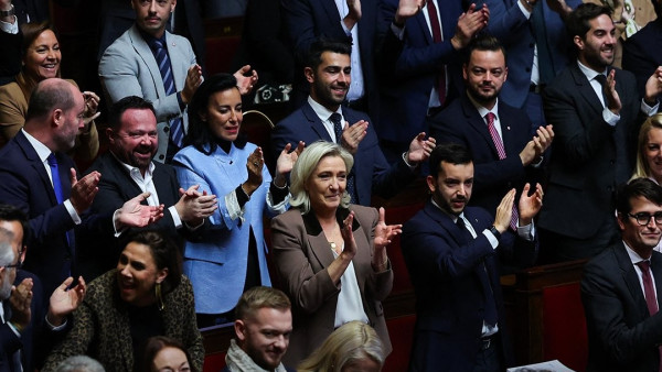 Deputados da União Nacional francesa celebram a votação.
