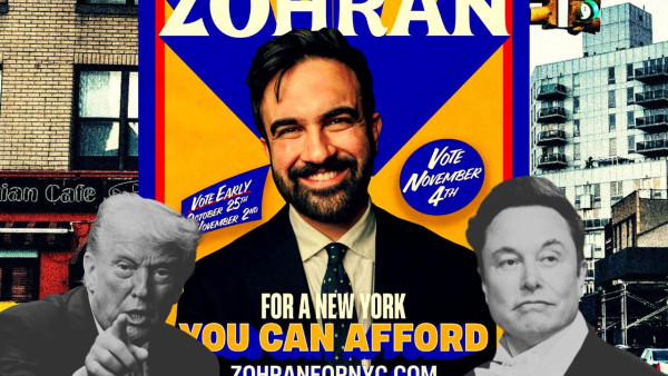 Trump e Musk junto a cartaz de Zohran Mamdani