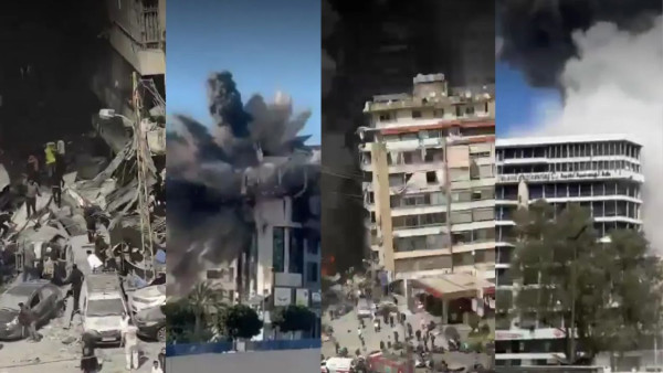 Várias capturas de ecrã de vídeos com imagens dos ataques israelitas a Beirute.