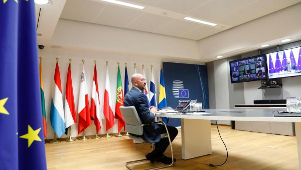 Reunião do Conselho Europeu por videoconferência. Foto: European Union